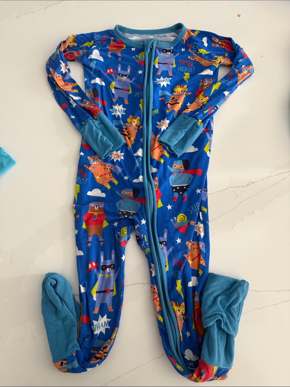 Kids Blue Superhero One-Piece Footed Pajamas